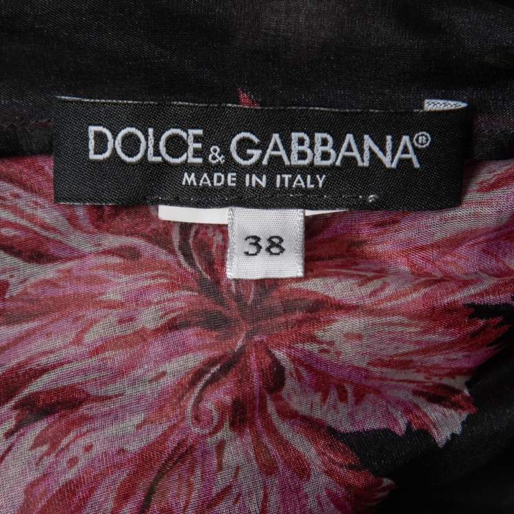 Pre Owned Dolce & Gabbana Black Floral Printed Silk Tie Neck Midi Dress S