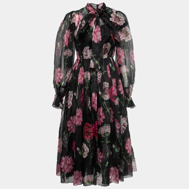 Dolce & Gabbana Black Floral Printed Silk Tie Neck Midi