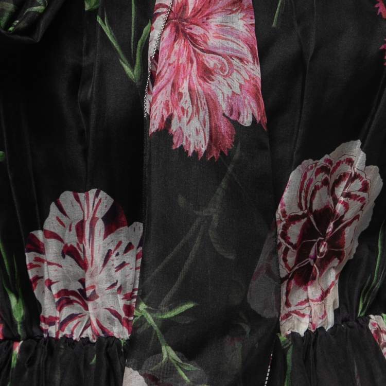 Pre Owned Dolce & Gabbana Black Floral Printed Silk Tie Neck Midi Dress S