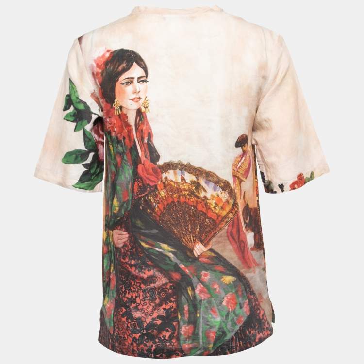 Pre Owned Dolce & Gabbana Multicolor Bull Rider Printed Cotton & Linen T-Shirt XS