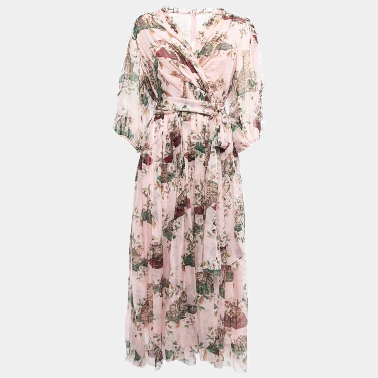 Pre Owned Dolce & Gabbana Pink Bengal Cat Floral Printed Chiffon Midi Dress L