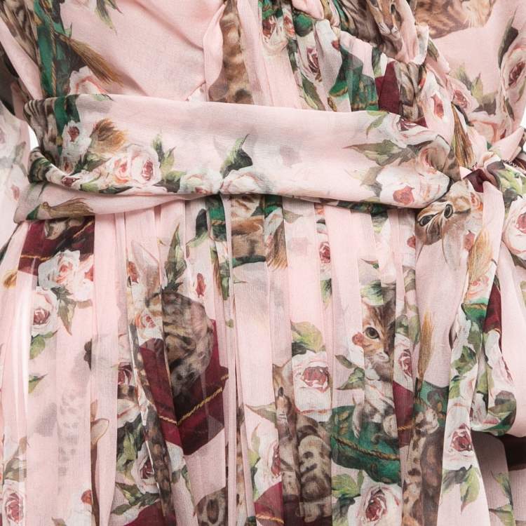 Pre Owned Dolce & Gabbana Pink Bengal Cat Floral Printed Chiffon Midi Dress L
