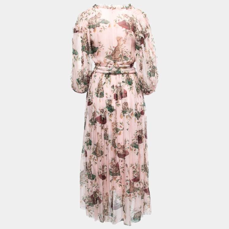 Pre Owned Dolce & Gabbana Pink Bengal Cat Floral Printed Chiffon Midi Dress L