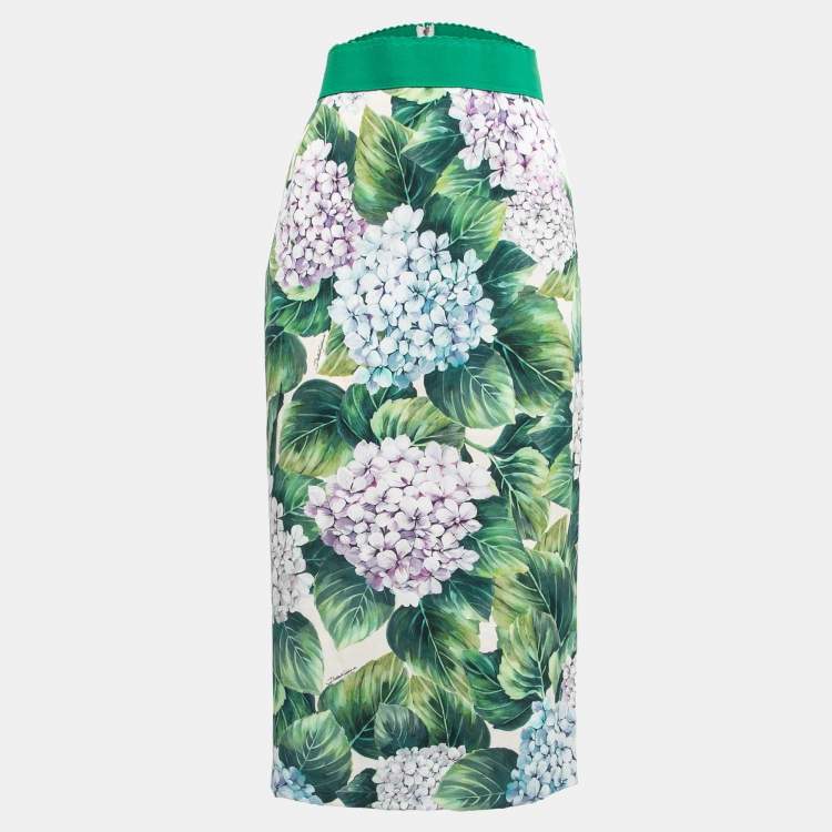 Pre Owned Dolce & Gabbana Green Hydrangea Printed Silk Pencil Skirt L