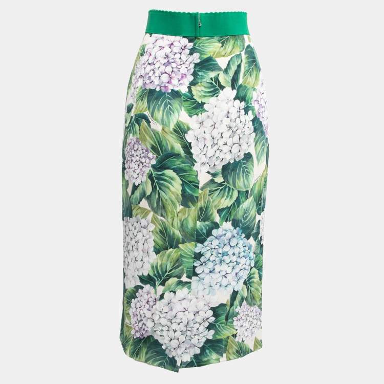 Pre Owned Dolce & Gabbana Green Hydrangea Printed Silk Pencil Skirt L