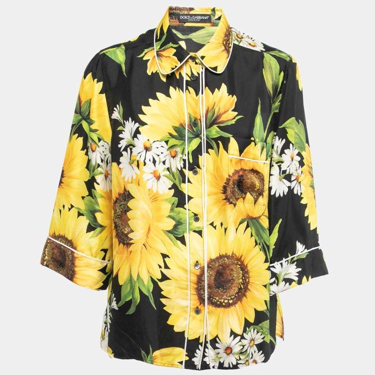 Pre Owned Dolce & Gabbana Black Sunflower Printed Silk Pajama Top L