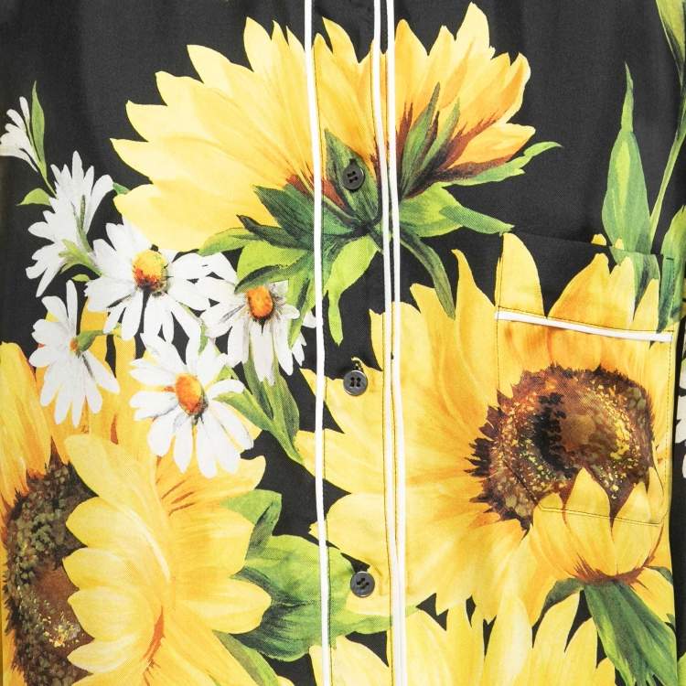 Pre Owned Dolce & Gabbana Black Sunflower Printed Silk Pajama Top L