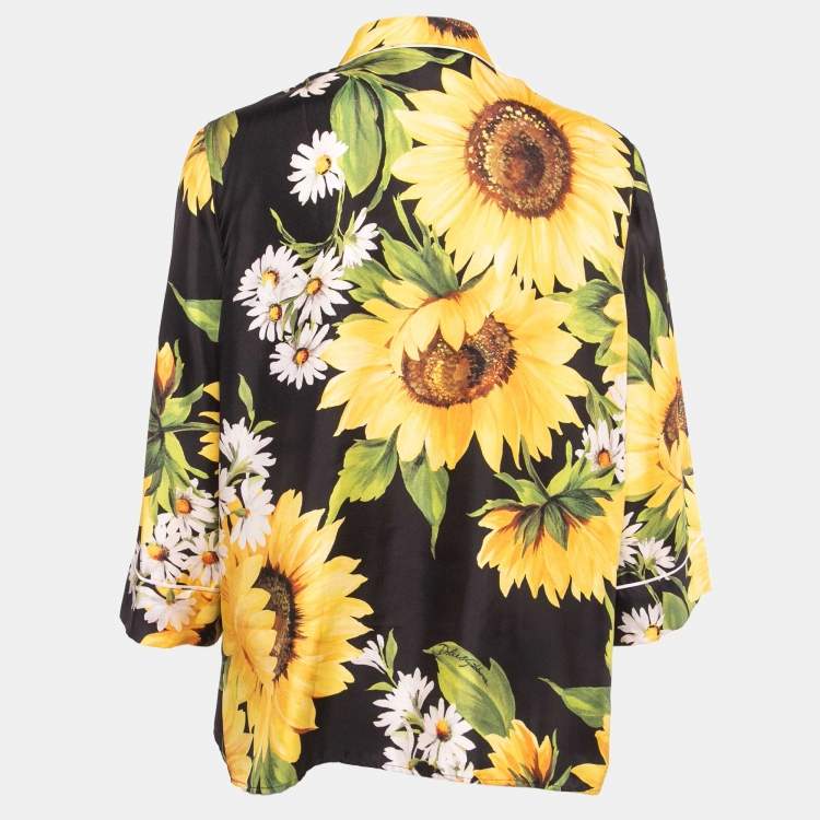 Pre Owned Dolce & Gabbana Black Sunflower Printed Silk Pajama Top L