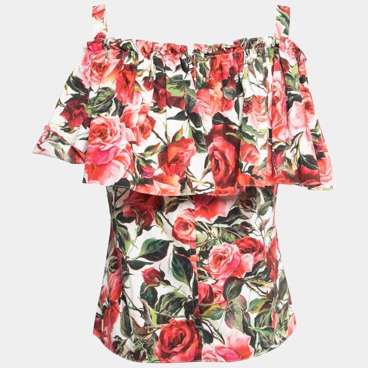 مملوكة مسبقًا Dolce & Gabbana Red Rose Printed Cotton Ruffled Off Shoulder Top S