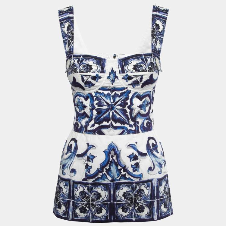 Pre Owned Dolce & Gabbana Blue Printed Cotton Peplum Top S