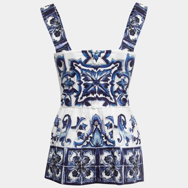 Pre Owned Dolce & Gabbana Blue Printed Cotton Peplum Top S