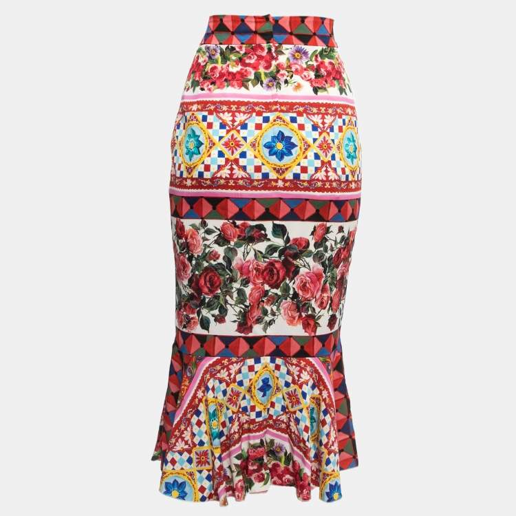 Pre Owned Dolce & Gabbana Multicolor Mambo Print Silk Flounce Midi Skirt S