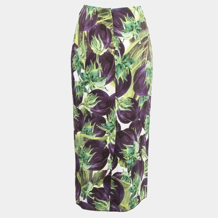 Pre Owned Dolce & Gabbana Purple/Green Eggplant Printed Crepe Midi Skirt M