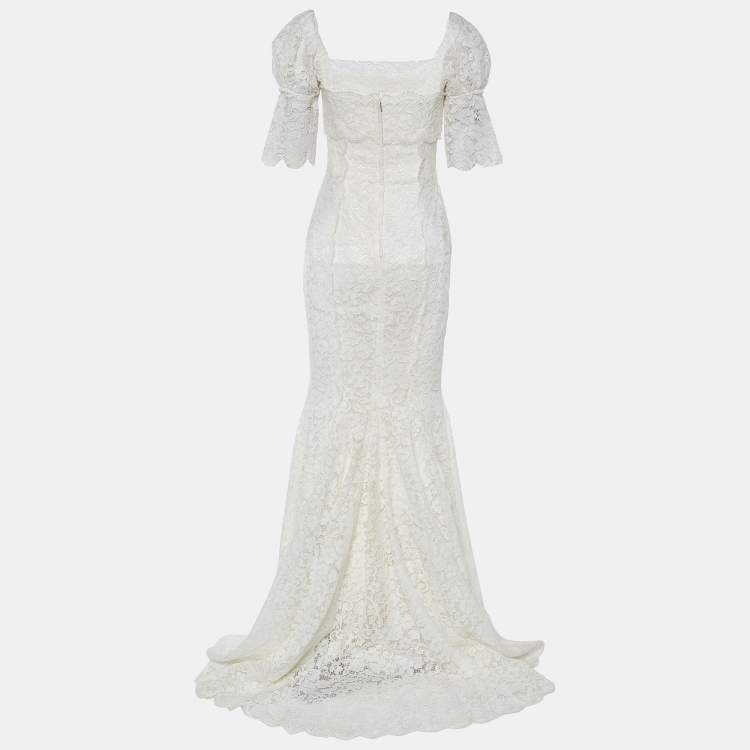 Pre Owned Dolce & Gabbana White Lace Ruched Trail Wedding Gown S