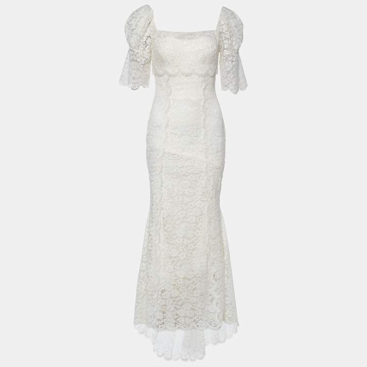Pre Owned Dolce & Gabbana White Lace Ruched Trail Wedding Gown S