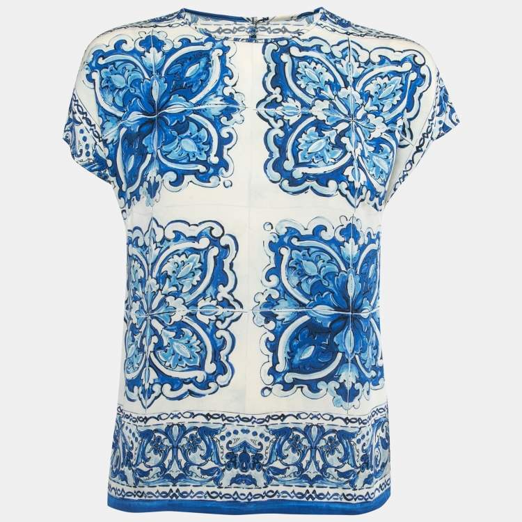 Pre Owned Dolce & Gabbana Blue Tile Printed Silk Blouse S