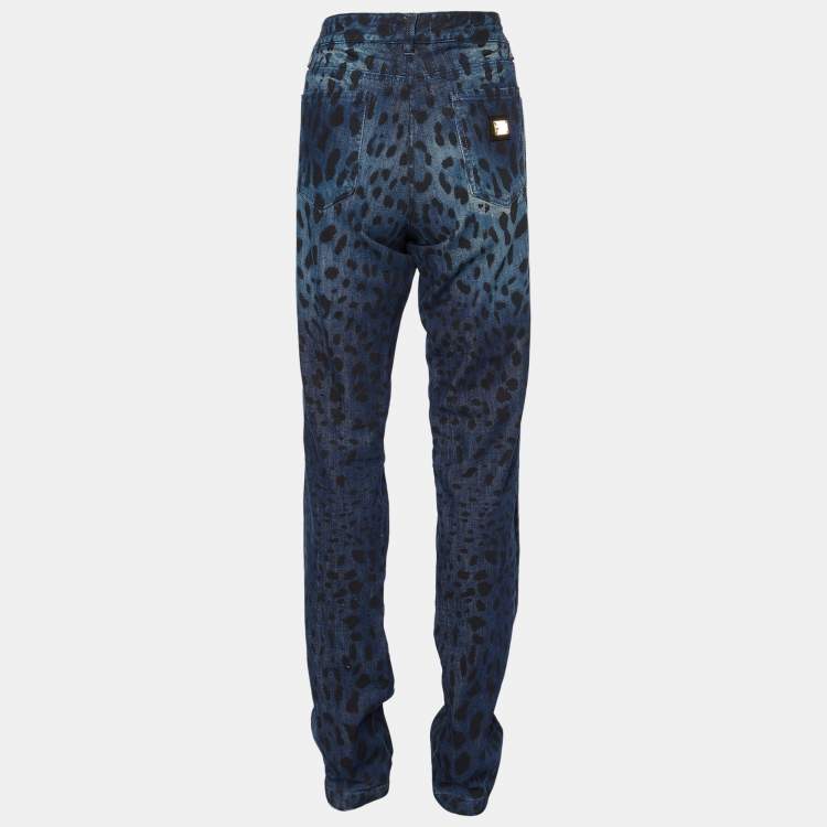 Pre Owned Dolce & Gabbana Navy Blue Animal Printed Denim Straight Leg Jeans L