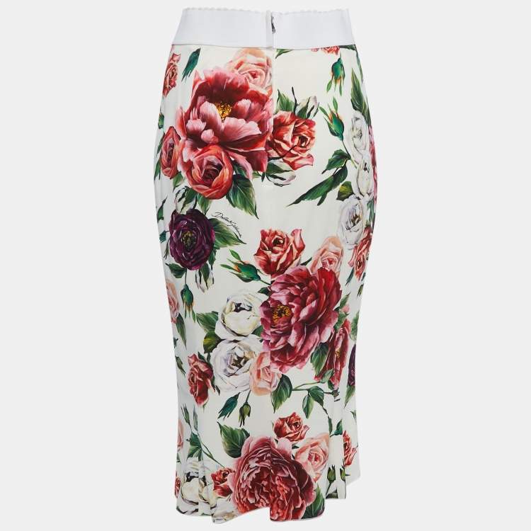 Pre Owned Dolce & Gabbana White Floral Printed Crepe Pencil Skirt S
