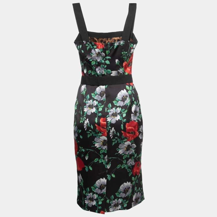 Pre Owned Dolce & Gabbana Black Floral Printed Stretch Satin Midi Dress S