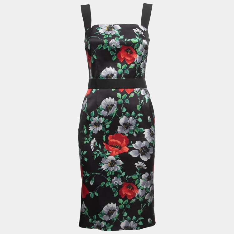 Pre Owned Dolce & Gabbana Black Floral Printed Stretch Satin Midi Dress S