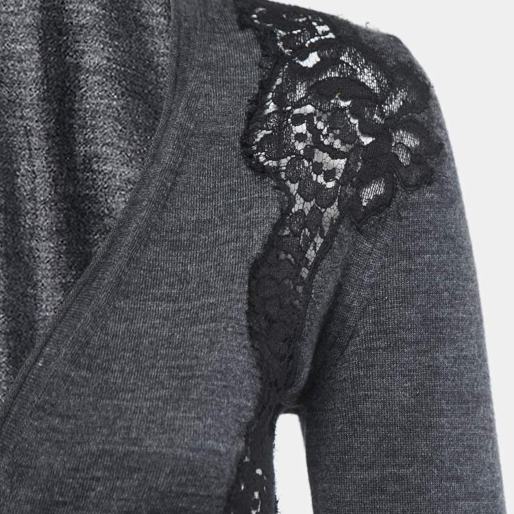 Pre Owned Dolce & Gabbana Charcoal Grey Wool & lace Trim Wrap Front Cropped Cardigan S