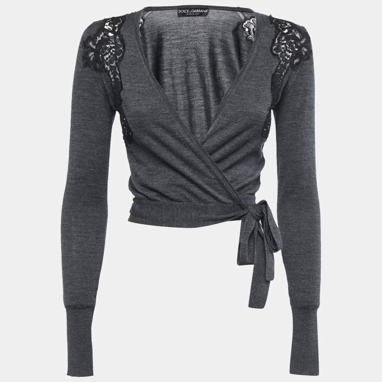 Pre Owned Dolce & Gabbana Charcoal Grey Wool & lace Trim Wrap Front Cropped Cardigan S