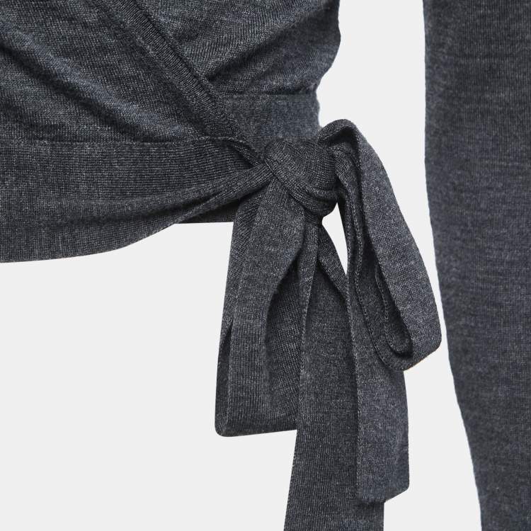 Pre Owned Dolce & Gabbana Charcoal Grey Wool & lace Trim Wrap Front Cropped Cardigan S
