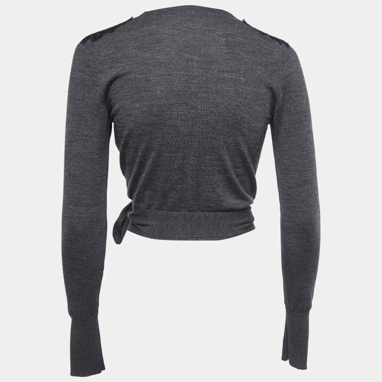 Pre Owned Dolce & Gabbana Charcoal Grey Wool & lace Trim Wrap Front Cropped Cardigan S