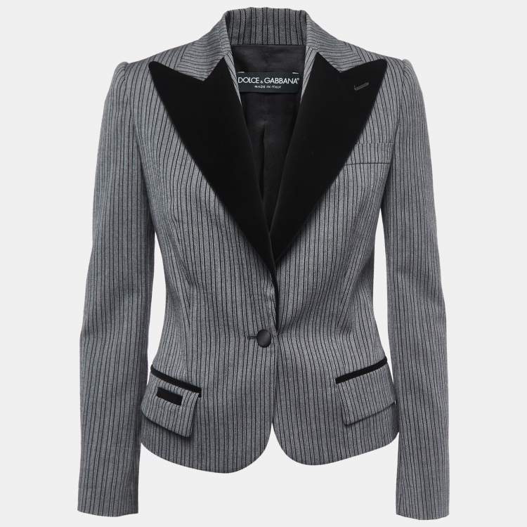 Pre Owned Dolce & Gabbana Grey Striped Jacquard & Velvet Lapel Blazer S