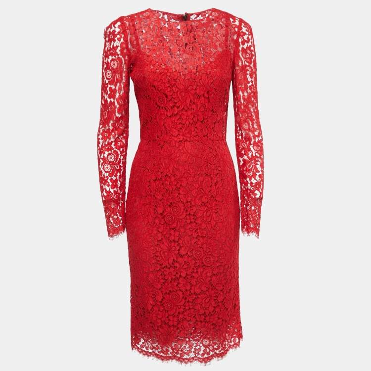 مملوكة مسبقًا Dolce & Gabbana Red Lace Long Sleeve Midi Dress S
