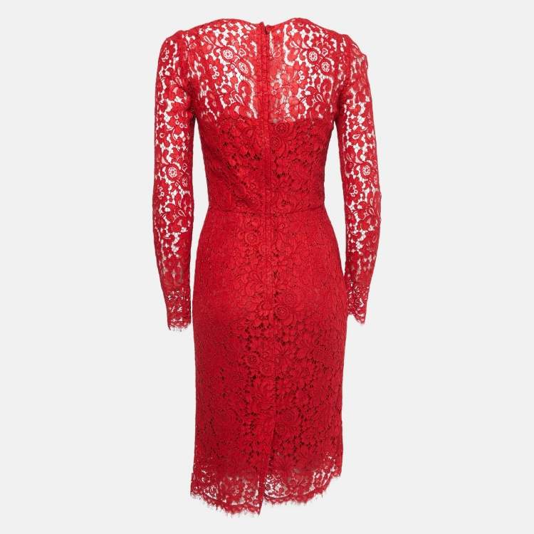 مملوكة مسبقًا Dolce & Gabbana Red Lace Long Sleeve Midi Dress S