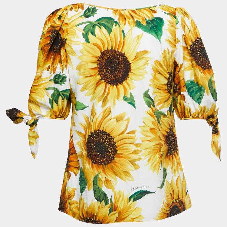 Pre Owned Dolce & Gabbana White/Yellow Sunflower Printed Cotton Top S