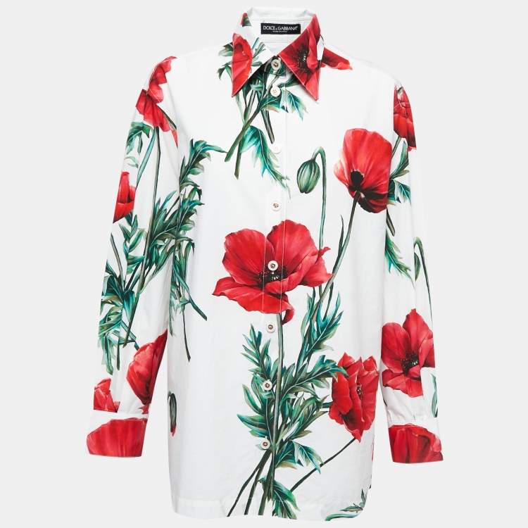 Pre Owned Dolce & Gabbana White/Red Poppy Printed Cotton Shirt L