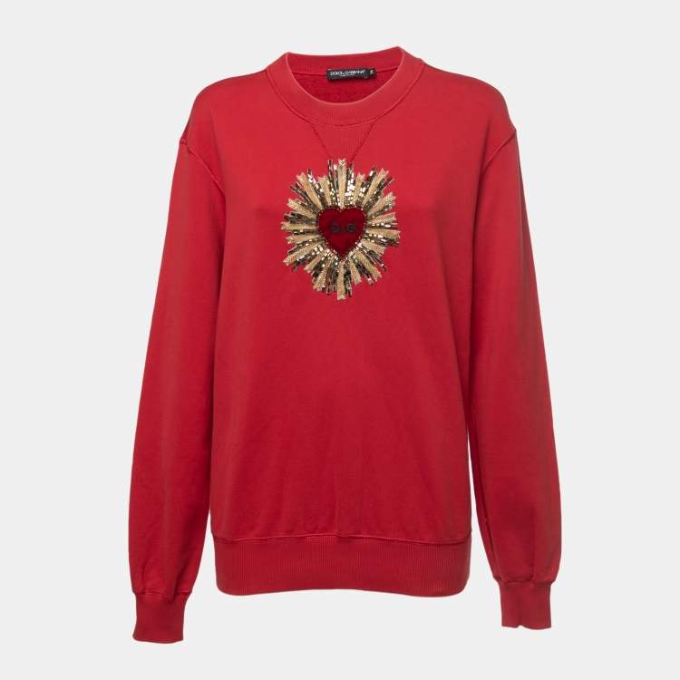 Pre Owned Dolce & Gabbana Red Cotton Scared Heart Embellished Sweatshirt XS
