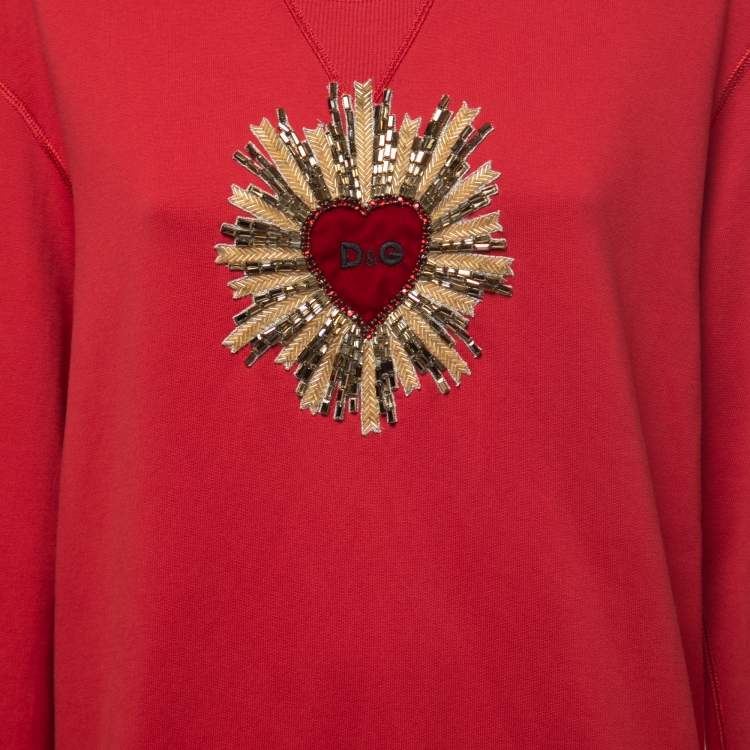 Pre Owned Dolce & Gabbana Red Cotton Scared Heart Embellished Sweatshirt XS