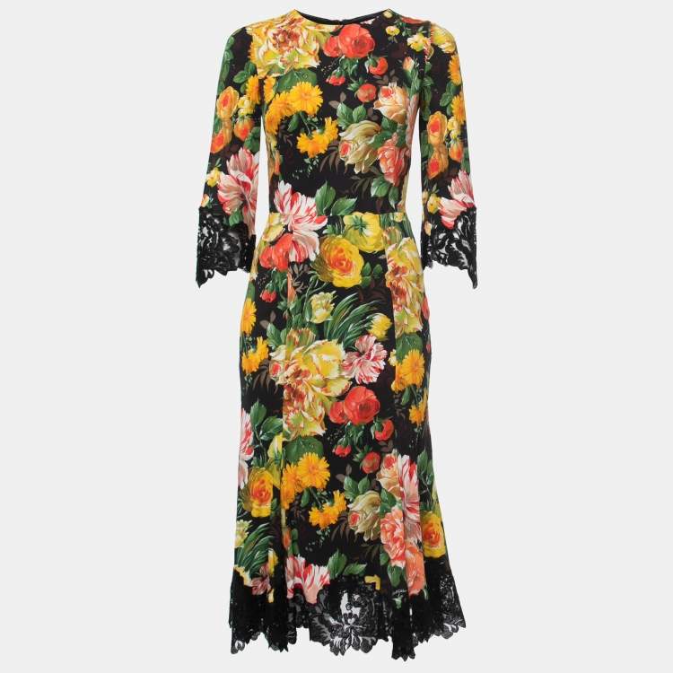 Pre Owned Dolce & Gabbana Black Floral Printed Crepe Lace Trimmed Midi Dress S