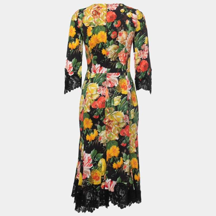 Pre Owned Dolce & Gabbana Black Floral Printed Crepe Lace Trimmed Midi Dress S