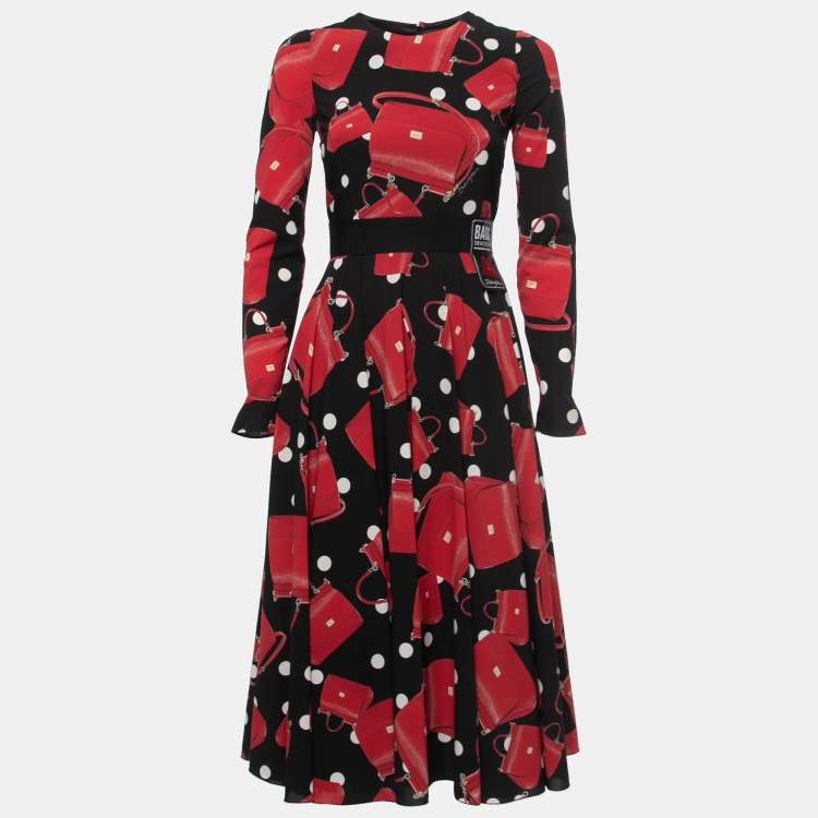 Pre Owned Dolce & Gabbana Black Miss Sicily Bag Printed Silk Midi Dress S