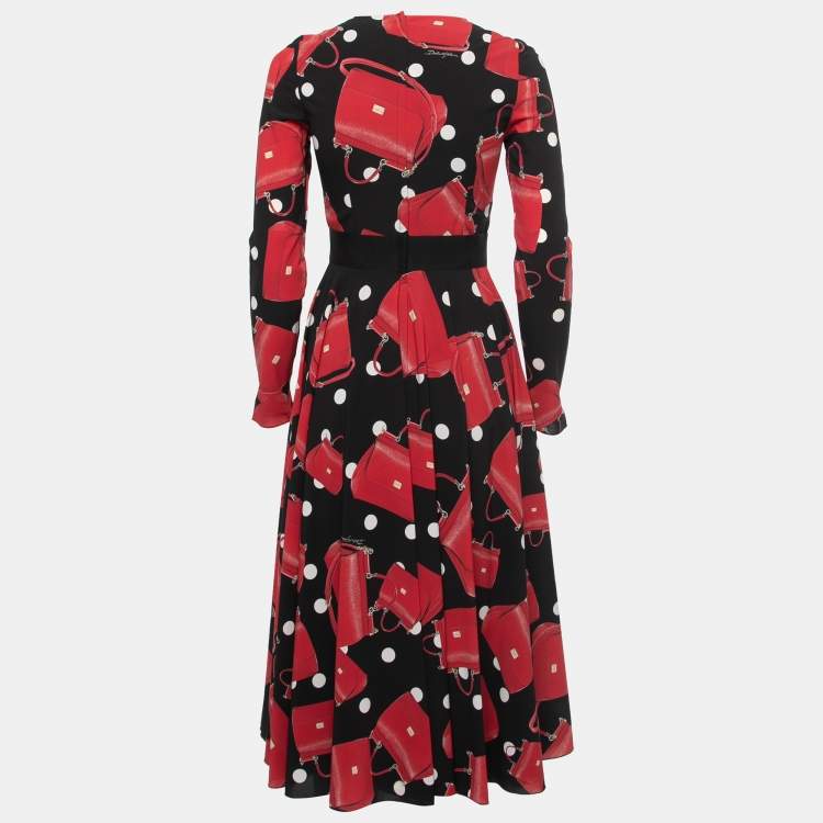 Pre Owned Dolce & Gabbana Black Miss Sicily Bag Printed Silk Midi Dress S