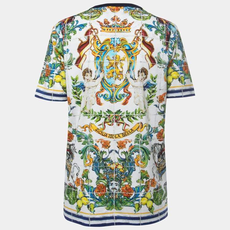 Pre Owned Dolce & Gabbana White Sicilian Print Cotton Crew Neck T-Shirt XS