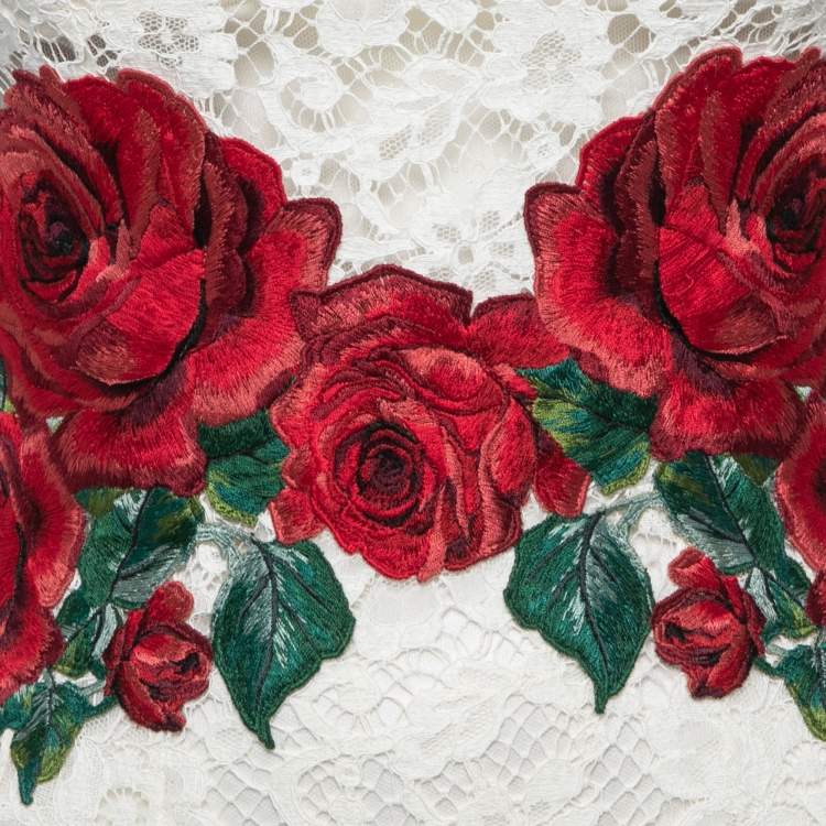 Pre Owned Dolce & Gabbana White Lace Rose Embroidered Mini Dress S