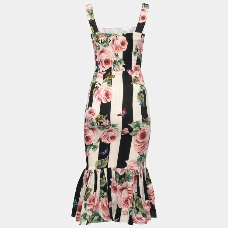 Pre Owned Dolce & Gabbana Black/White Floral Printed Silk Flared Hem Midi Dress S
