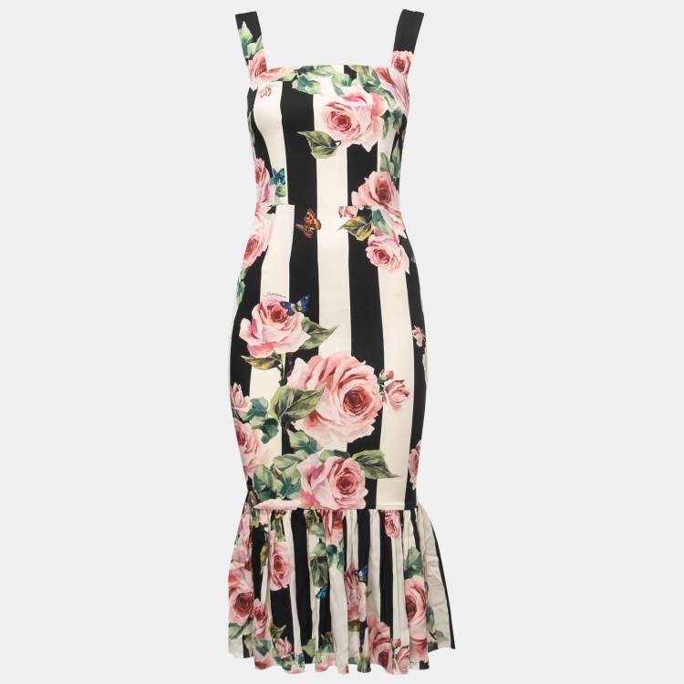 Pre Owned Dolce & Gabbana Black/White Floral Printed Silk Flared Hem Midi Dress S