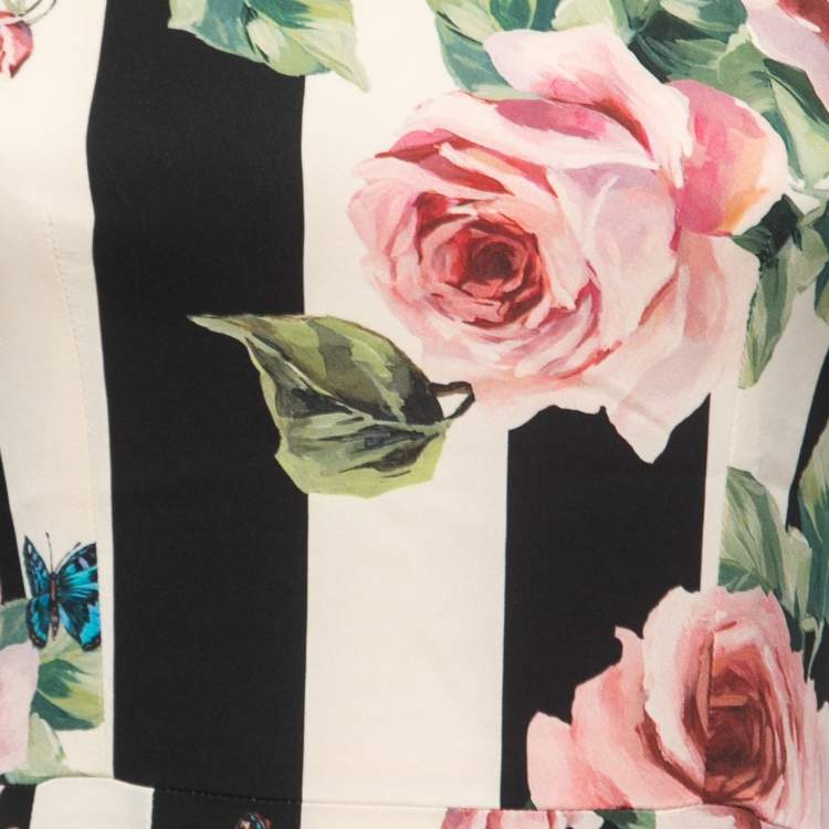 Pre Owned Dolce & Gabbana Black/White Floral Printed Silk Flared Hem Midi Dress S