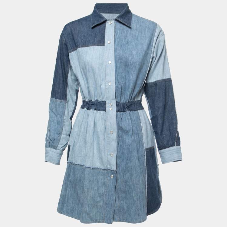 Pre Owned Dolce & Gabbana Blue Patched Denim Shirt Mini Dress XS