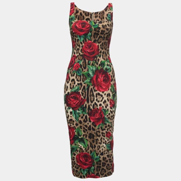 Pre Owned Dolce & Gabbana Brown Floral Animal Printed Crepe Midi Dress S