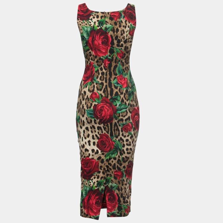 Pre Owned Dolce & Gabbana Brown Floral Animal Printed Crepe Midi Dress S