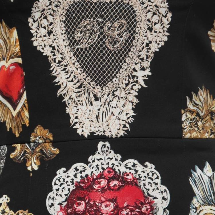 Pre Owned Dolce & Gabbana Black Sacred Hearts Printed Silk Midi Dress S