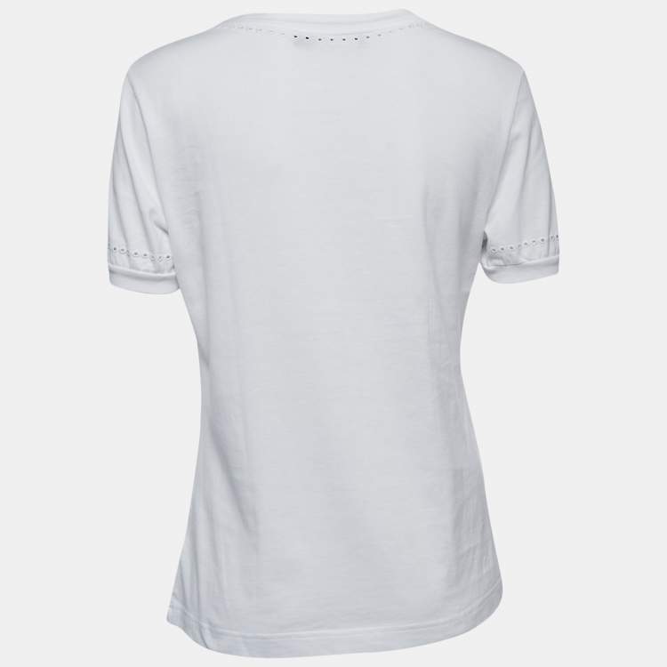 Pre Owned Dolce & Gabbana White Cotton Logo Broderie Anglaise Crew Neck T-Shirt M