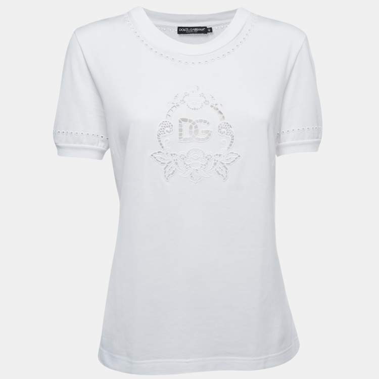 Pre Owned Dolce & Gabbana White Cotton Logo Broderie Anglaise Crew Neck T-Shirt M
